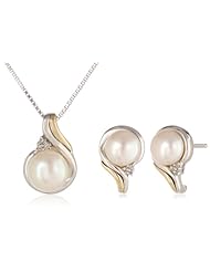 S&G Sterling Silver, 14k Yellow Gold, Freshwater Cultured Pearl, and Diamond Accent Pendant Necklace (18") and Earrings Set