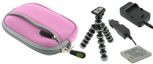 4n1 Combo - Neoprene (Lilac) Sleeve Case / EN-EL10 AC DC Charger / Battery / Tripod for Nikon Coolpix S230 Digital Camera Jet Black