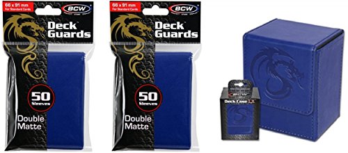 COMBO- BCW BLUE Deluxe Leatherette Deck Case plus 2 50ct Pks (100) of BLUE Double Matte Deck Guard Sleeves for Collectable Gaming Cards like Magic The Gathering MTG, Pokemon, YU-GI-OH!, &amp; More. Embossed Dragon Graphic, BOX.