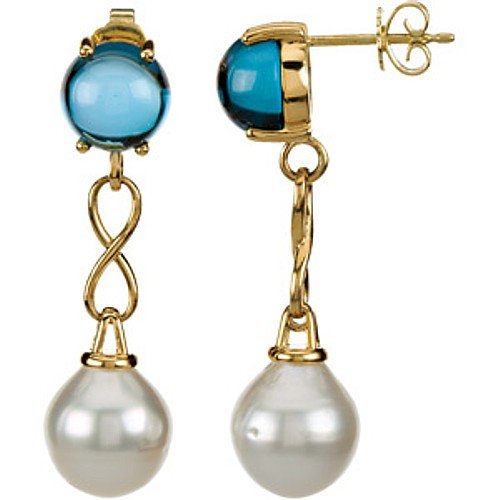 14K Yellow Gold Paspaley South Sea Cultured Pearl and London Blue Topaz Cabochon Earrings - 12.00mm