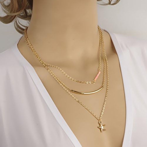 Fashion Alloy Golden Tone Starfish Pink Beads Short Multilayer Necklace Birthday Wedding Valentine's Gift