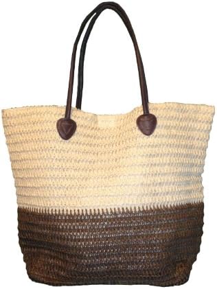 Large 2 Tone Crocheted Straw Beach Bag Tote (Natural-Brown)