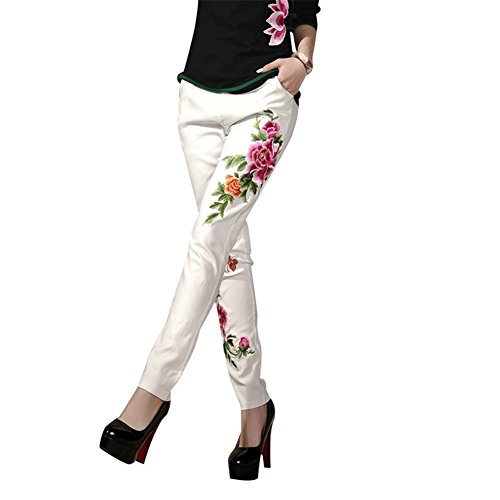 Topkyo　レディース　ロングパンツ　上品な花柄刺繍　カジュアル　ストレッチ　白い・ブラック　ズボン　美脚 　ボトムス　OL オフィス