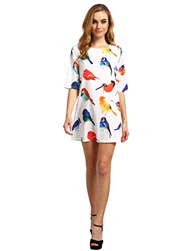 ROMWE Women's Summer Birds Print Short Sleeve Loose Shift Dress White L