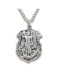 .925 Sterling Silver Engraved St. Michael the Archangel Protection Police Shield Medal Pendant, Patron of Police Officers Catholic Jewelry Patron Saint Medal Pendant Catholic Gift Boxed w/Chain Necklace 18" Length Gift Boxed