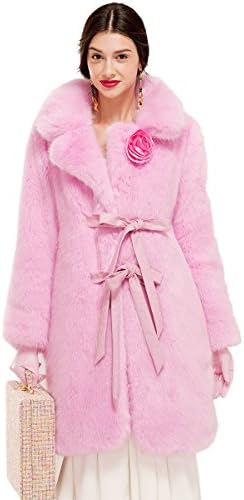 YIGELILA Women's Winter Luxury Fox Fur Lapel Long Sleeve Coat Jacket with Belt Pink