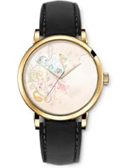 SPRAWL Aanalog Fashion Series Gold Ladies Watches of Genuine Black Leather Strap,Unique Wrist Watch for Women Girls Designed with Various colorful branches