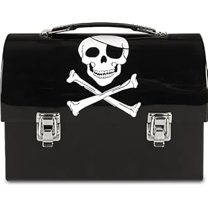 Black jolly roger PIRATE DOME LUNCH BOX skull and crossbones domed lid metal lunchbox collectible collectable