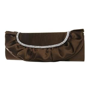 Satin Clutch Purse with Ruffle & Rhinestone - Chocolate Brown
