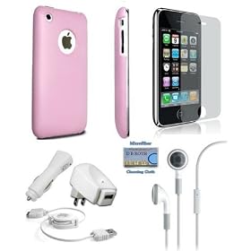 Pink Polycarbonate Slim Fit Case + Full LCD Reusable Screen Protector + 3-in1 Charger + High Quality Handsfree Earphones with mic and On/off switch-for iPhone 3G / 3GS Incl. DBROTH Microfiber Cleaning Cloth