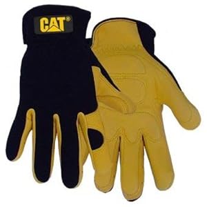 CAT Premium CAT012205L Black Tan Leather Palm Work Gloves With Gel Padded Palm, Large by 