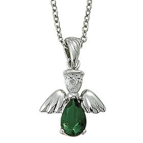 Sterling Silver 5/8" Emerald May Birthstone Angel Wing Necklace on 18" Chain