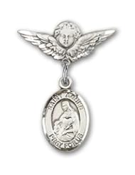 Sterling Silver Baby Badge with St. Agnes of Rome Charm and Angel with Wings Badge Pin