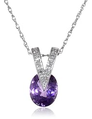 Sterling Silver V Design Amethyst Diamond Pendant Necklace (0.07cttw, I J Color, I2 I3 Clarity), 18"