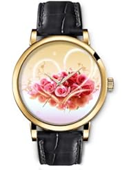 SPRAWL Aanalog Fashion Series Gold Ladies Watches of Genuine Black Leather Strap,Unique Wrist Watch for Women Girls Designed with Bouquet of pink roses