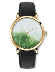 SPRAWL Aanalog Fashion Series Gold Ladies Watches of Genuine Black Leather Strap,Unique Wrist Watch for Women Girls Designed with green branches