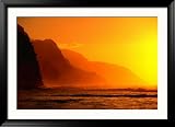 A Golden Sunset Over Na Pali Coast, Kauai, Hawaii, USA Framed Photographic Poster Print by Ann Cecil, 45x33
