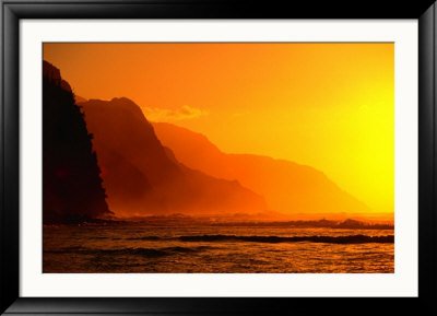 A Golden Sunset Over Na Pali Coast, Kauai, Hawaii, USA Framed Photographic Poster Print by Ann Cecil, 45x33