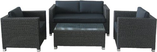 Stern 419880 Gruppe Miami Geflecht dunkelgrau, 2 Sessel, 1 Sofa, Sitz- und R&uuml;ckenkissen grau, 1 Beistelltisch mit Klarglasplatte