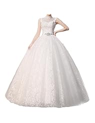 Tulle Floor Length Lace Applique Beaded High-Neck Wedding Dress 