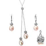 Natural Peach Pink Isabella Cultured Pearl Drop Rose Lariat and Drop Earrings Set in Platinum Overlay CAREFREE Sterling Silver