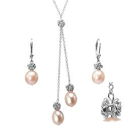 Natural Peach Pink Isabella Cultured Pearl Drop Rose Lariat and Drop Earrings Set in Platinum Overlay CAREFREE Sterling Silver