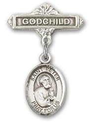 Sterling Silver Baby Badge with St. Peter the Apostle Charm and Godchild Badge Pin