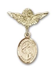 Gold Filled Baby Badge with St. Ursula Charm and Angel with Wings Badge Pin