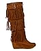Nature Breeze BD05 Women Suede Fringe Studded Moccasin Knee High Wedge Boot - Tan