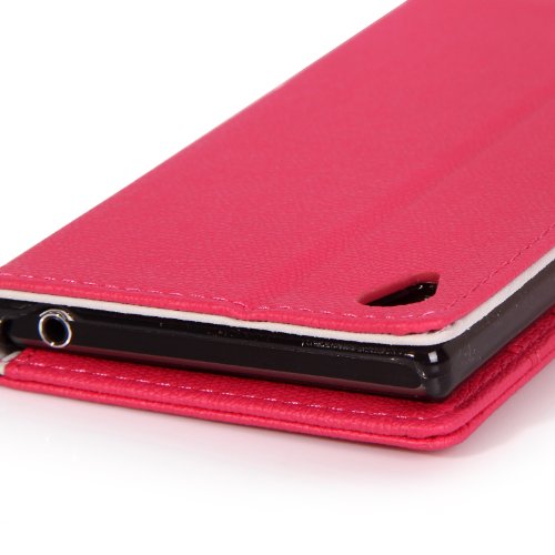 Xperia Z2 Case, Sony Xperia Z2 Case - E LV Sony Xperia Z2 flip case cover Flip Folio Wallet / Pursee full body protection Case for Xperia Z2 SMARTPHONE with 1 E LV Stylus and 1 Microfiber Digital Cleaner (Sony Xperia Z2, Hot Pink)