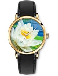 SPRAWL Aanalog Fashion Series Gold Ladies Watches of Genuine Black Leather Strap,Unique Wrist Watch for Women Girls Designed with white flower