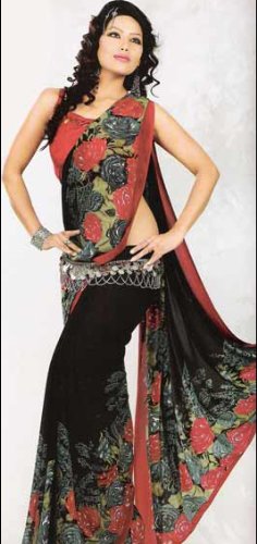 Black Faux Georgette Indian Designer Belly Dance Dress Saree Sari with Unstitched Blouse