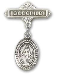Sterling Silver Baby Badge with Miraculous Charm and Godchild Badge Pin