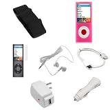 USB Data Cable + USB Car Charger + USB Home Charger + Pink Rubber Silicone Skin Case + Elastic Armband + Clear Reusable LCD Screen Protector + White 3.5mm Stereo Headset for Apple Ipod Nano Chromatic 8GB 16GB 4G 4th Generation