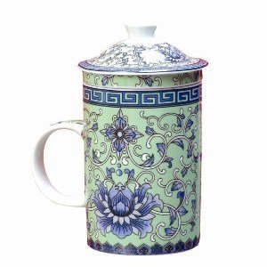 Tea Cup w/Strainer - Green and Blue Floral