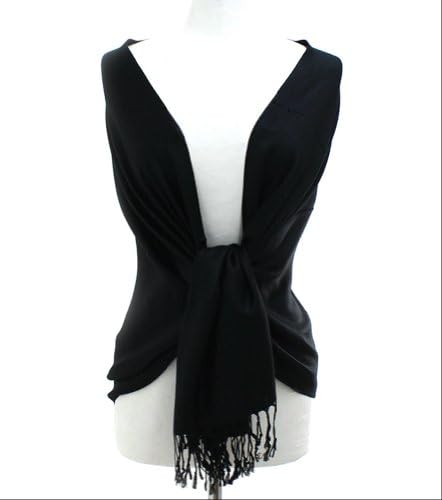 Premium Solid Color Pashmina Shawl Wrap, 100% Pashmina with Fringes (Black)