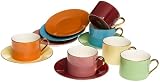 Yedi Houseware Classic Coffee and Tea Solid Teacups and Saucers, Assorted Citrus/Gold, Set of 6