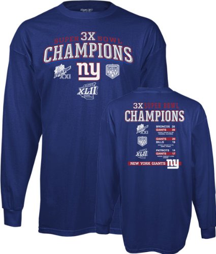 New York Giants -Blue- 3X Super Bowl Champions Commemorative Long Sleeve T-Shirt