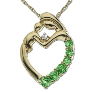 14k Yellow Gold Created Emerald and Diamond Mother Holding Child Pendant, 18