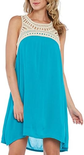 Vasna Women's Crochet Neckline Plus Size Summer Trapeze Dress, Turq, 3X