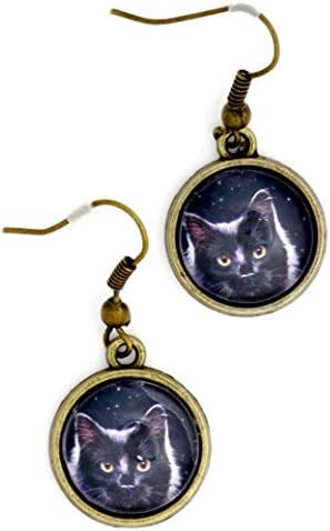 Black Cat in Space Earrings Antique Gold Tone EK29 Art Dangle Earrings Fashion Jewelry