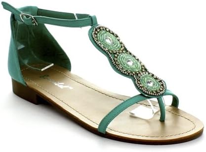BONNIBEL NUNA-1 Women's T-strap Rhinestone Low Heel Ankle Strap Thong Sandals, Color:MINT, Size:8
