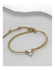 Light Brown Skull Leather Bracelet In 92.5 Sterling Silver