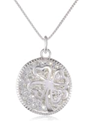 Sterling Silver Pave Crystal Circle Pendant with Four Leaf Clover Necklace, 18"