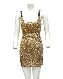 Ladies Gold Color 3 Strap Back Sequins Party Dress
