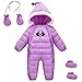 3 Pcs Baby Boys Girls One Piece Jumpsuit Winter Puffer Down Hoodie Snowsuit Romper with Golves and Shoes 12-18 Months Purple