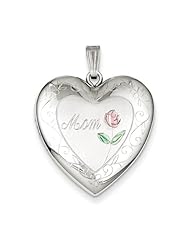 Sterling Silver 24mm Enameled, Diamond-Cut Mom Heart Locket