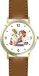 Girl with Gragger during Purim Judaica Jewish Theme - WATCHBUDDY&reg; DELUXE TWO-TONE THEME WATCH - Arabic Numbers - Brown Leather Strap-Women's Size-Small