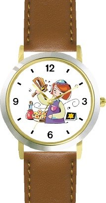 Girl with Gragger during Purim Judaica Jewish Theme - WATCHBUDDY® DELUXE TWO-TONE THEME WATCH - Arabic Numbers - Brown Leather Strap-Size-Large ( Men