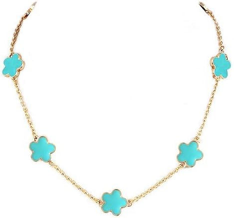 Fashion Turquoise Enamel Five Leaves Clover Gold Necklace Women's Girl's Gift For Her